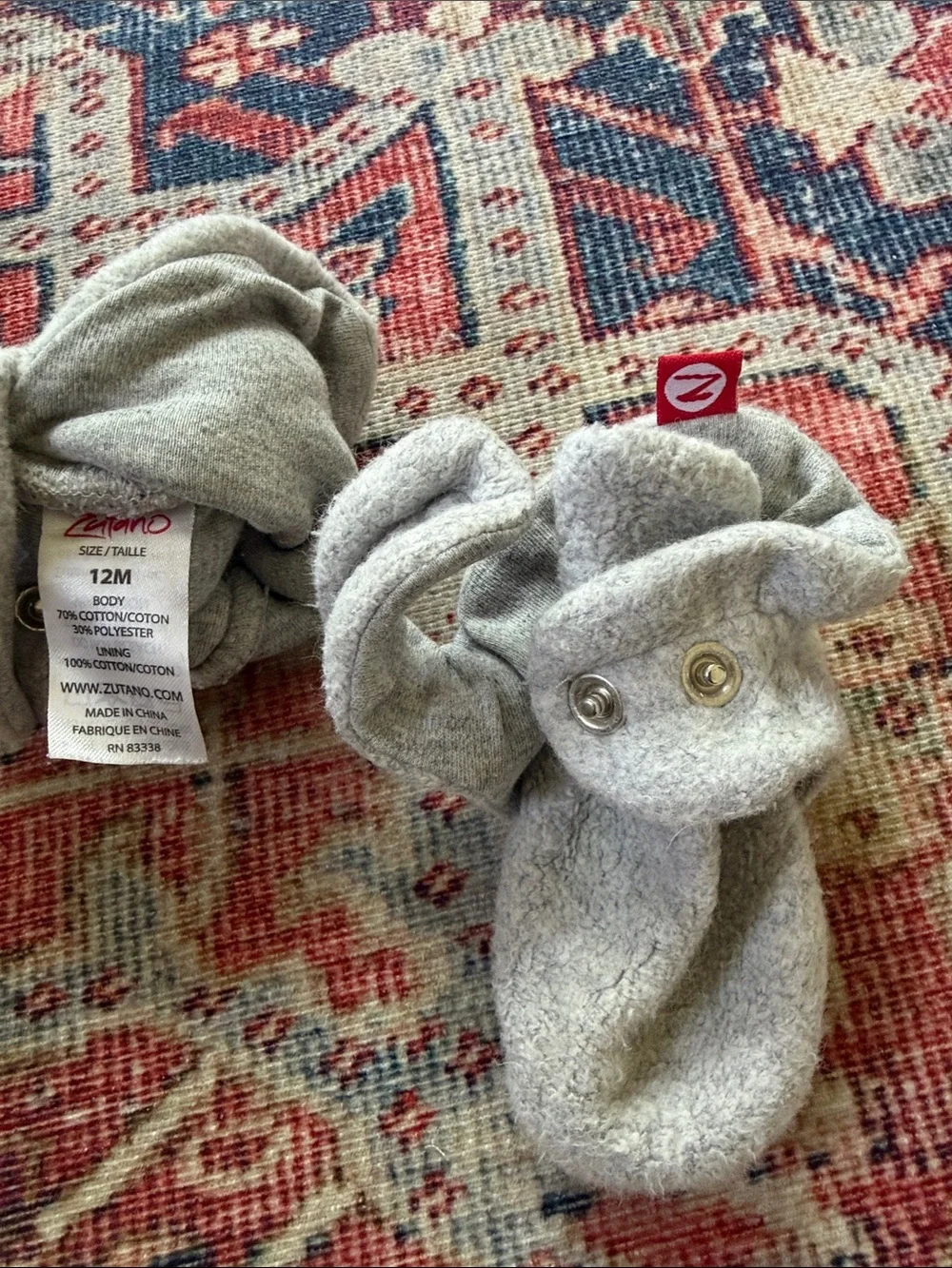 Zutano Light Gray Plush Baby Booties with Red Logo Tab